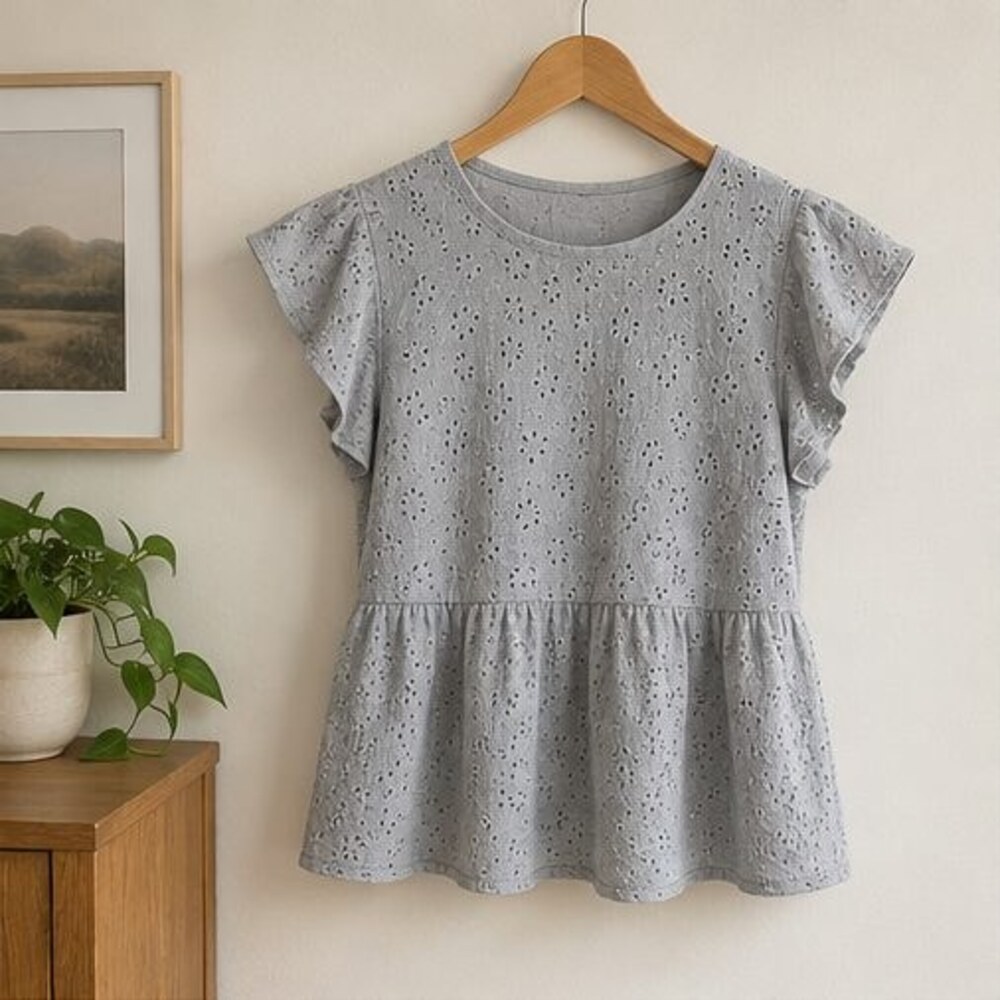 Gray Eyelet Peplum Blouse
